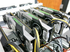 Graphic processing units powered by our power supply kit for GPU mining